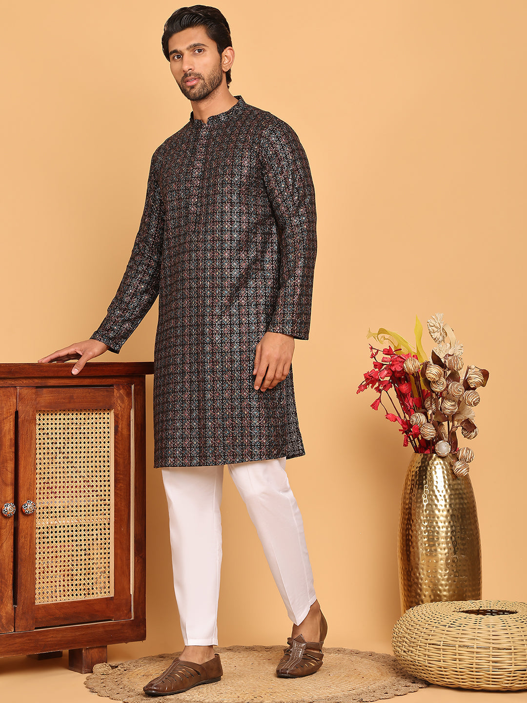Embroidered and Sequins Viscose Rayon Kurta Set For Men ( JOKP P 5173 Blue )
