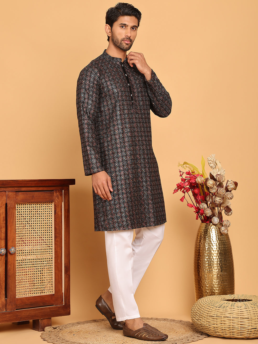 Embroidered and Sequins Viscose Rayon Kurta Set For Men ( JOKP P 5173 Blue )