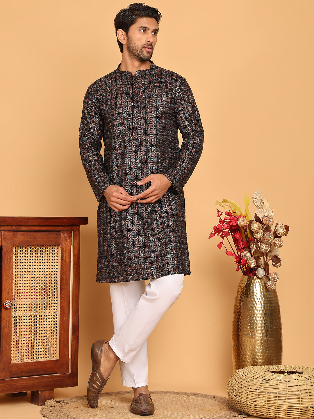 Embroidered and Sequins Viscose Rayon Kurta Set For Men ( JOKP P 5173 Blue )