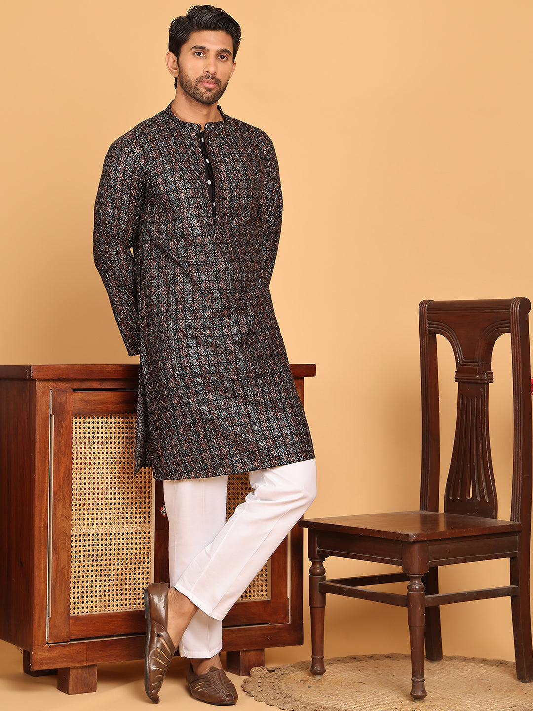 Embroidered and Sequins Viscose Rayon Kurta Set For Men ( JOKP P 5173 Blue )