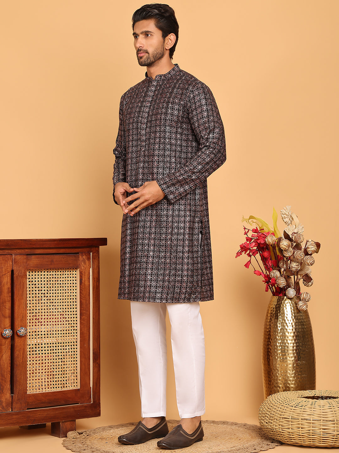 Embroidered and Sequins Viscose Rayon Kurta Set For Men ( JOKP P 5173 Silver )