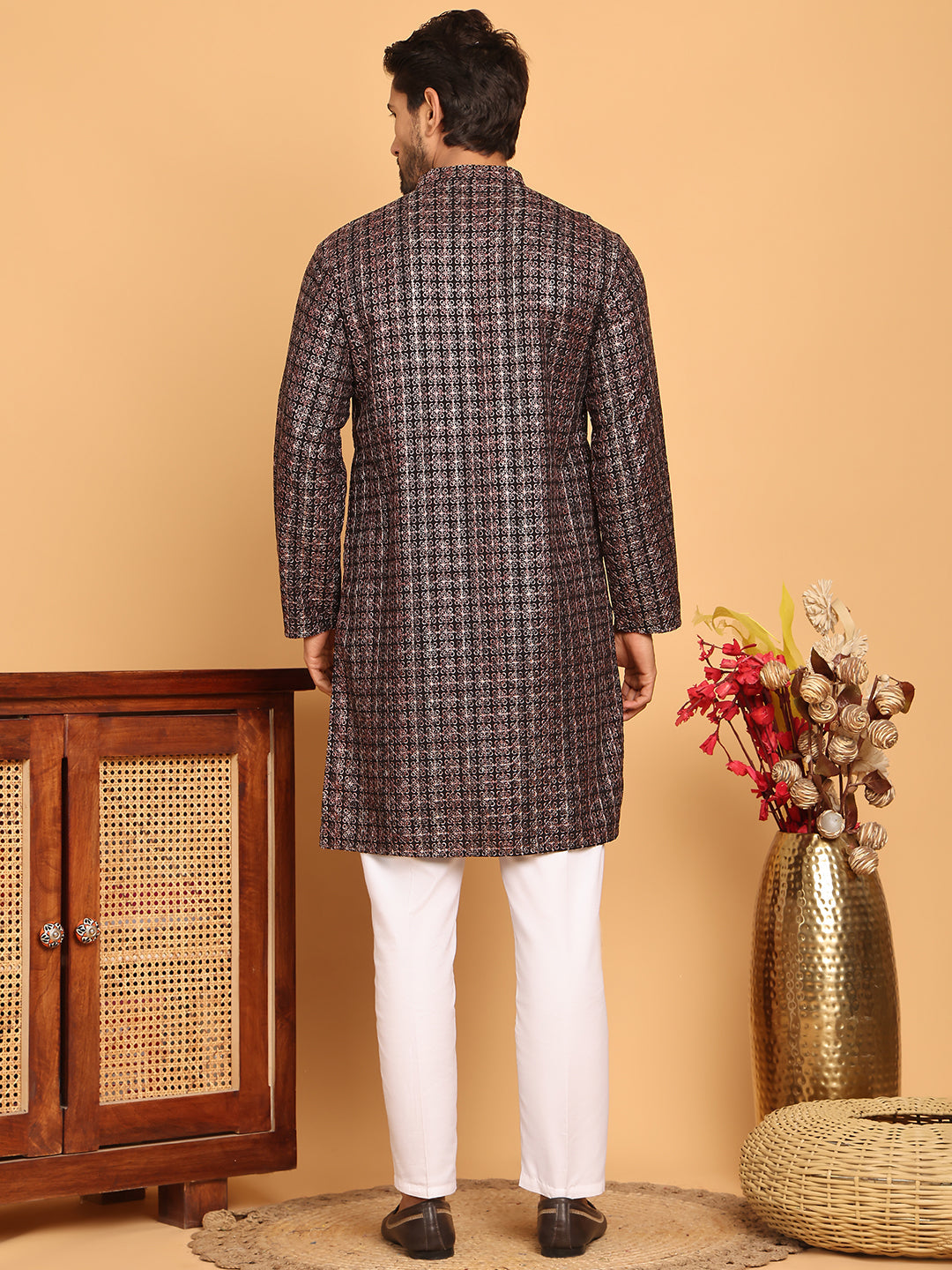 Embroidered and Sequins Viscose Rayon Kurta Set For Men ( JOKP P 5173 Silver )