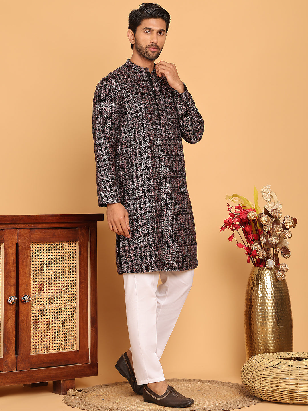 Embroidered and Sequins Viscose Rayon Kurta Set For Men ( JOKP P 5173 Silver )