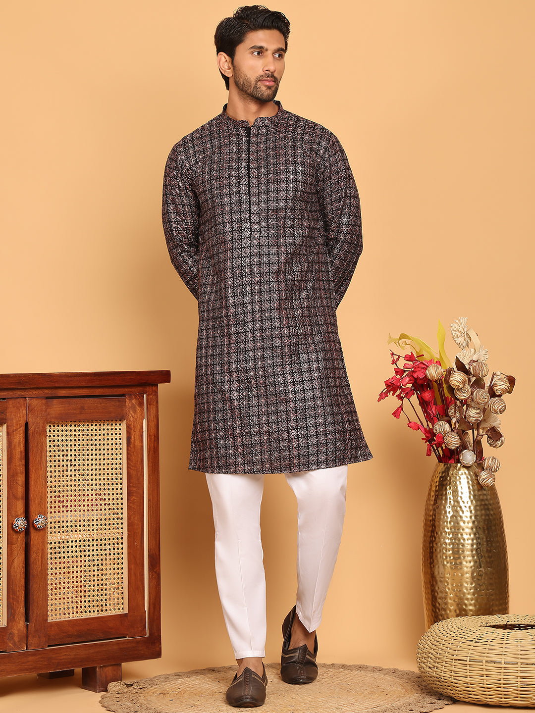 Embroidered and Sequins Viscose Rayon Kurta Set For Men ( JOKP P 5173 Silver )