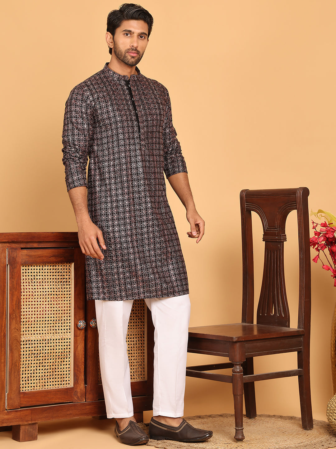 Embroidered and Sequins Viscose Rayon Kurta Set For Men ( JOKP P 5173 Silver )