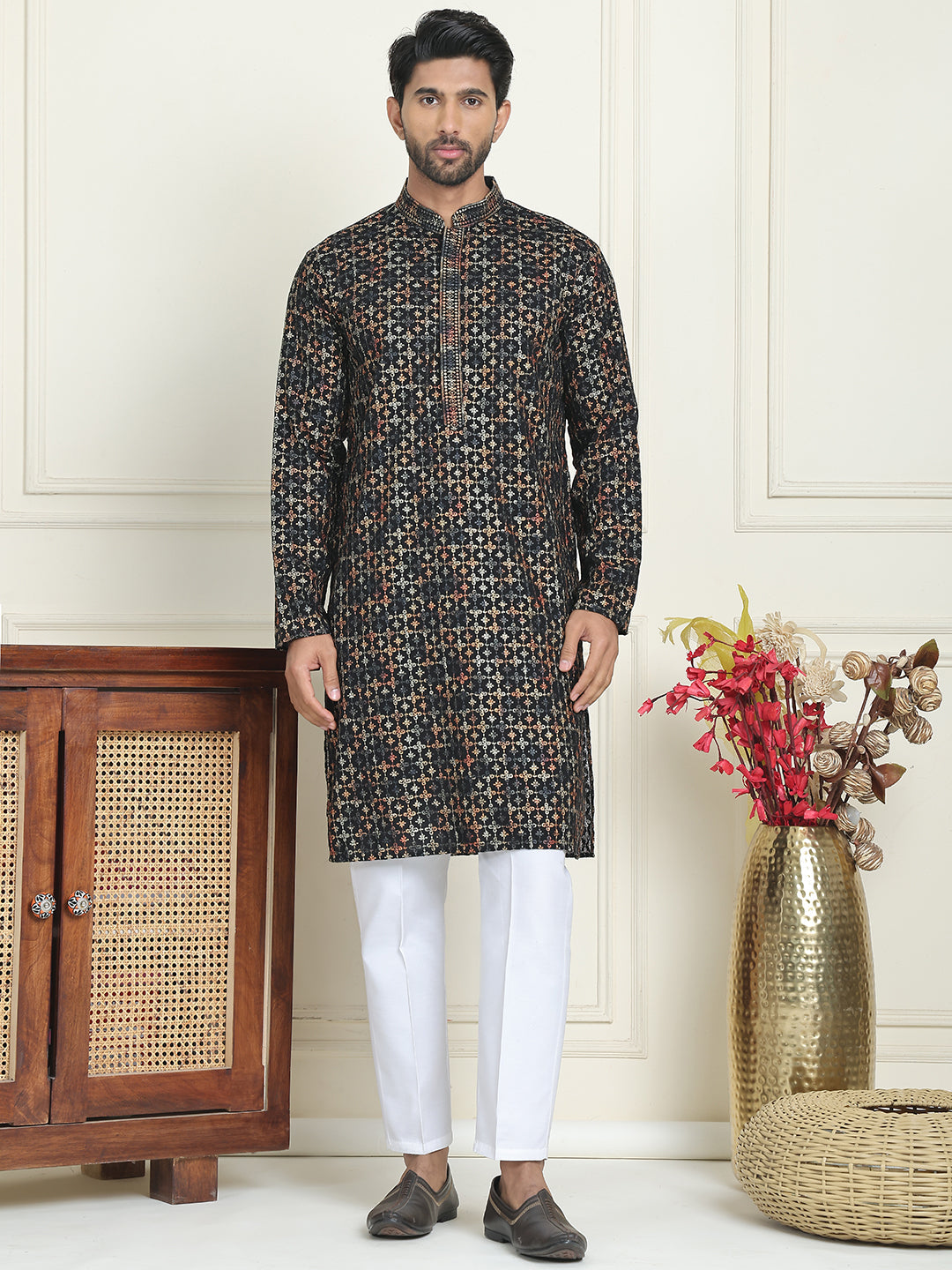 Embroidered and Sequins Viscose Rayon Kurta Set For Men ( JOKP P 5173 Yellow )