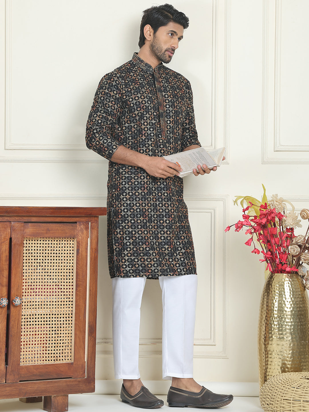 Embroidered and Sequins Viscose Rayon Kurta Set For Men ( JOKP P 5173 Yellow )