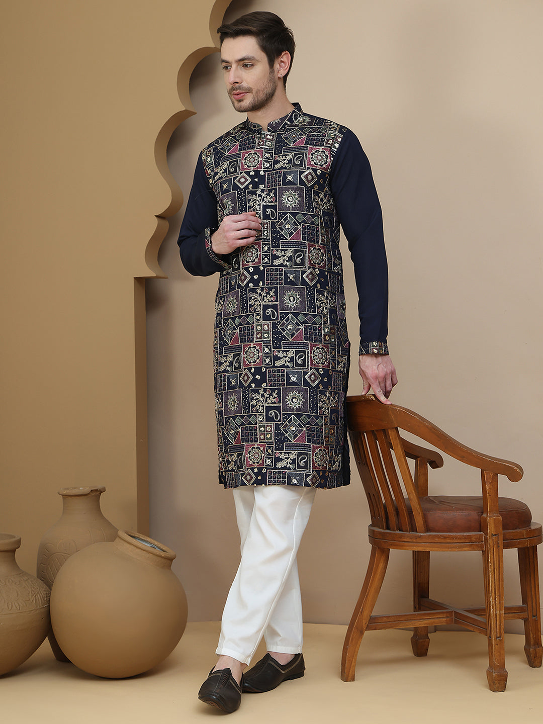 Embroidered Straight Kurta Set For Men ( JOKP P 5174 Navy )