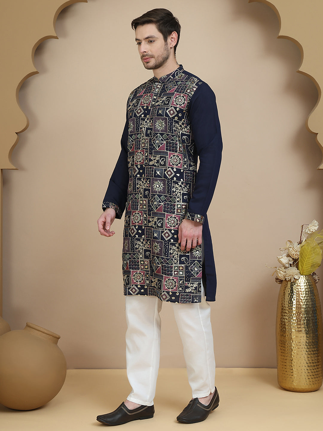 Embroidered Straight Kurta Set For Men ( JOKP P 5174 Navy )