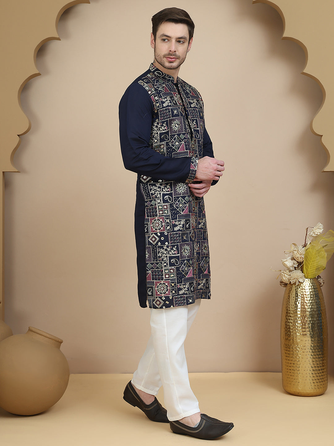 Embroidered Straight Kurta Set For Men ( JOKP P 5174 Navy )