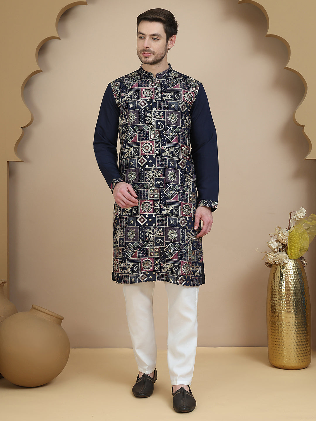 Embroidered Straight Kurta Set For Men ( JOKP P 5174 Navy )