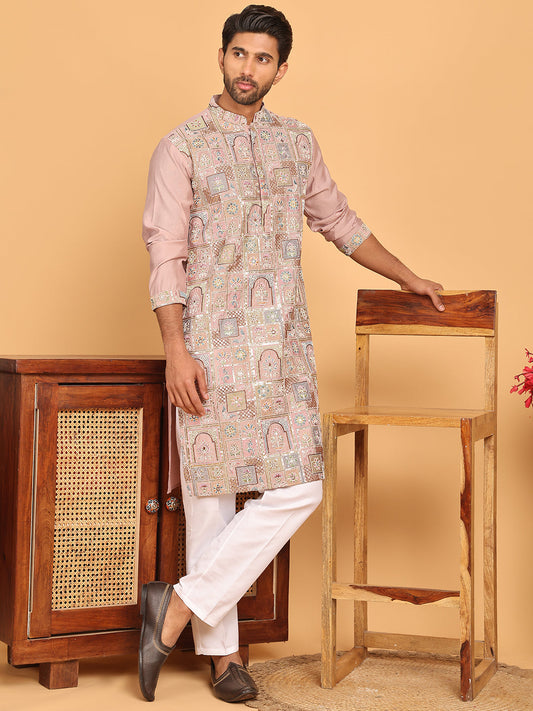 Embroidered Straight Kurta Set For Men ( JOKP P 5174 Peach )