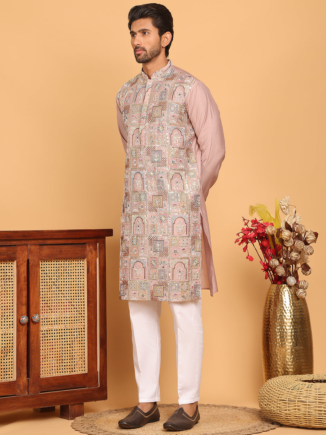 Embroidered Straight Kurta Set For Men ( JOKP P 5174 Peach )
