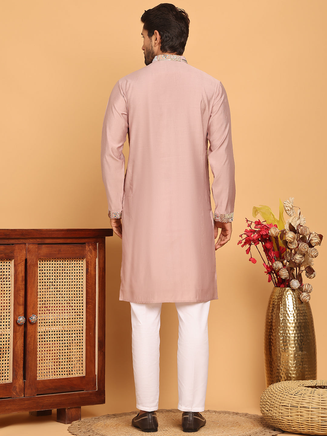 Embroidered Straight Kurta Set For Men ( JOKP P 5174 Peach )