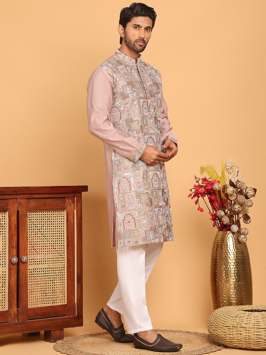 Embroidered Straight Kurta Set For Men ( JOKP P 5174 Peach )