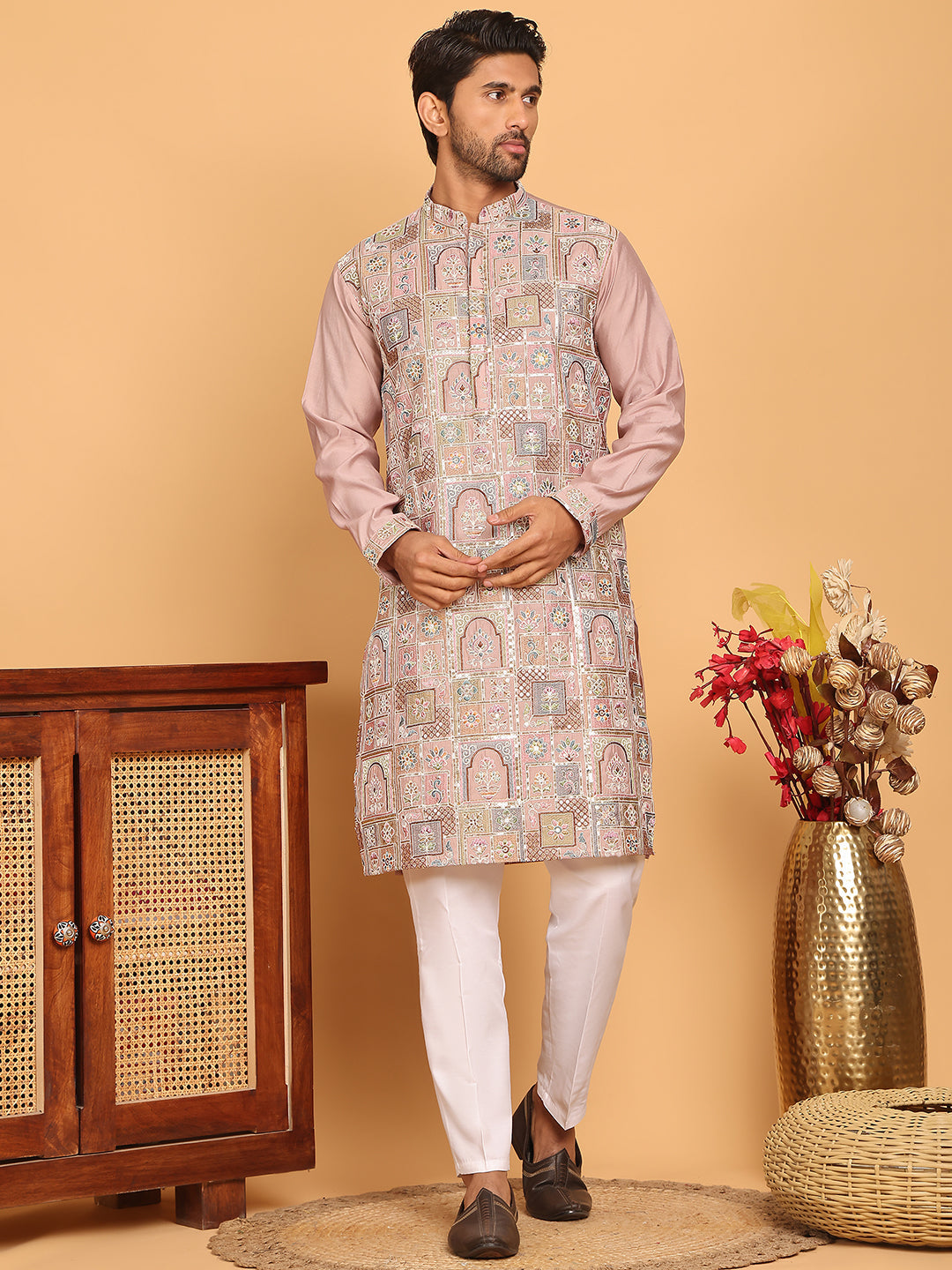 Embroidered Straight Kurta Set For Men ( JOKP P 5174 Peach )