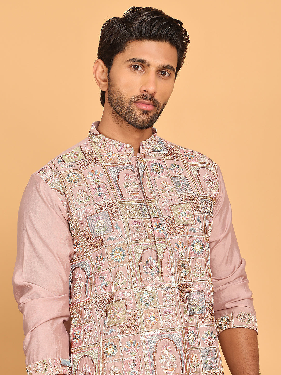 Embroidered Straight Kurta Set For Men ( JOKP P 5174 Peach )