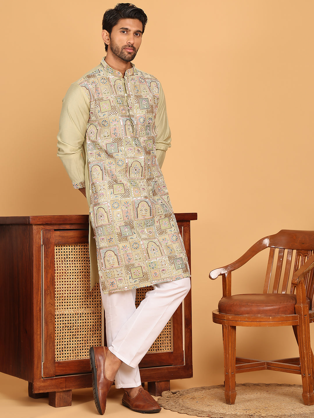Embroidered Straight Kurta Set For Men ( JOKP P 5174 Pista )
