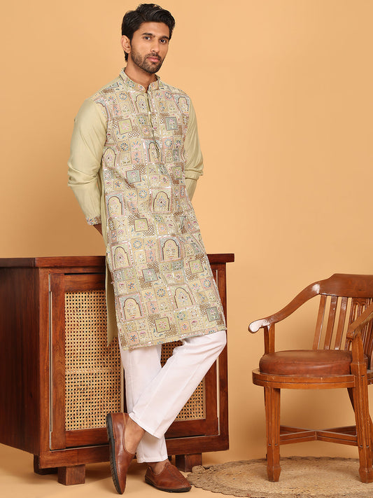 Embroidered Straight Kurta Set For Men ( JOKP P 5174 Pista )
