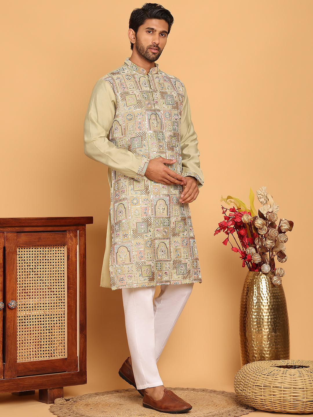 Embroidered Straight Kurta Set For Men ( JOKP P 5174 Pista )