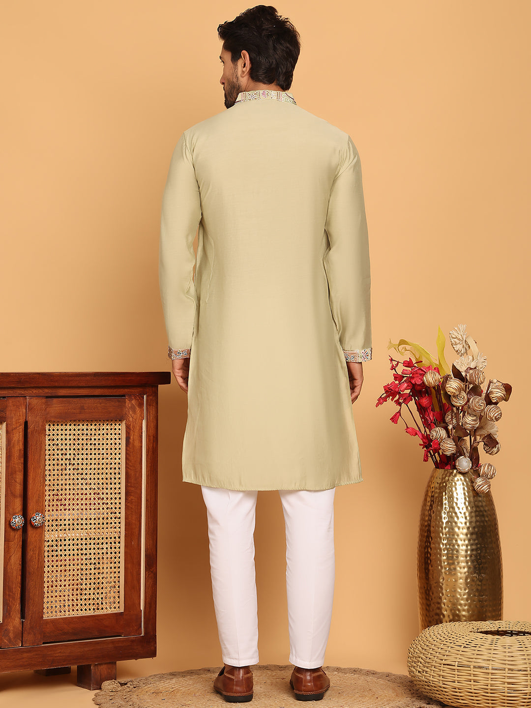Embroidered Straight Kurta Set For Men ( JOKP P 5174 Pista )