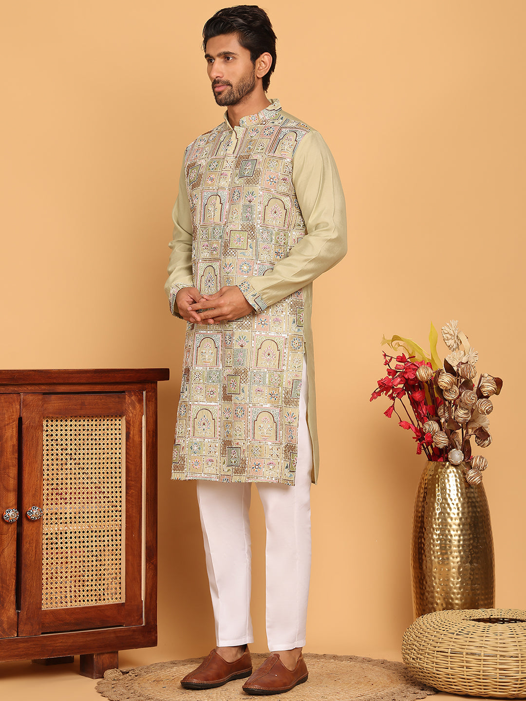 Embroidered Straight Kurta Set For Men ( JOKP P 5174 Pista )