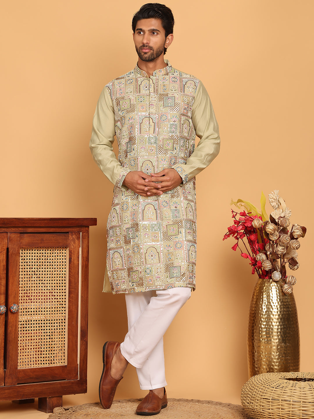 Embroidered Straight Kurta Set For Men ( JOKP P 5174 Pista )