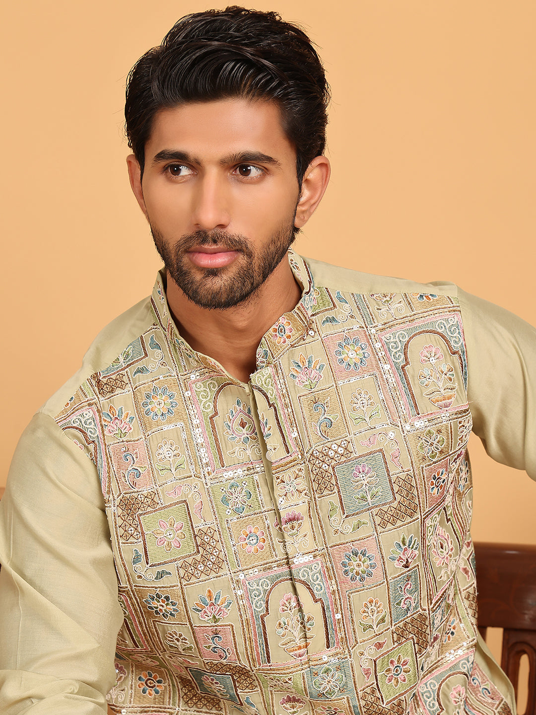 Embroidered Straight Kurta Set For Men ( JOKP P 5174 Pista )