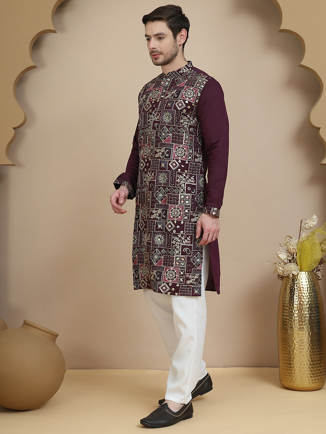 Embroidered Straight Kurta Set For Men ( JOKP P 5174 Purple )
