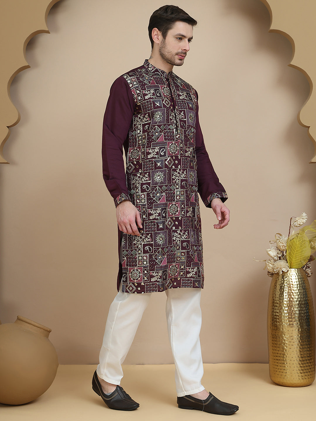 Embroidered Straight Kurta Set For Men ( JOKP P 5174 Purple )