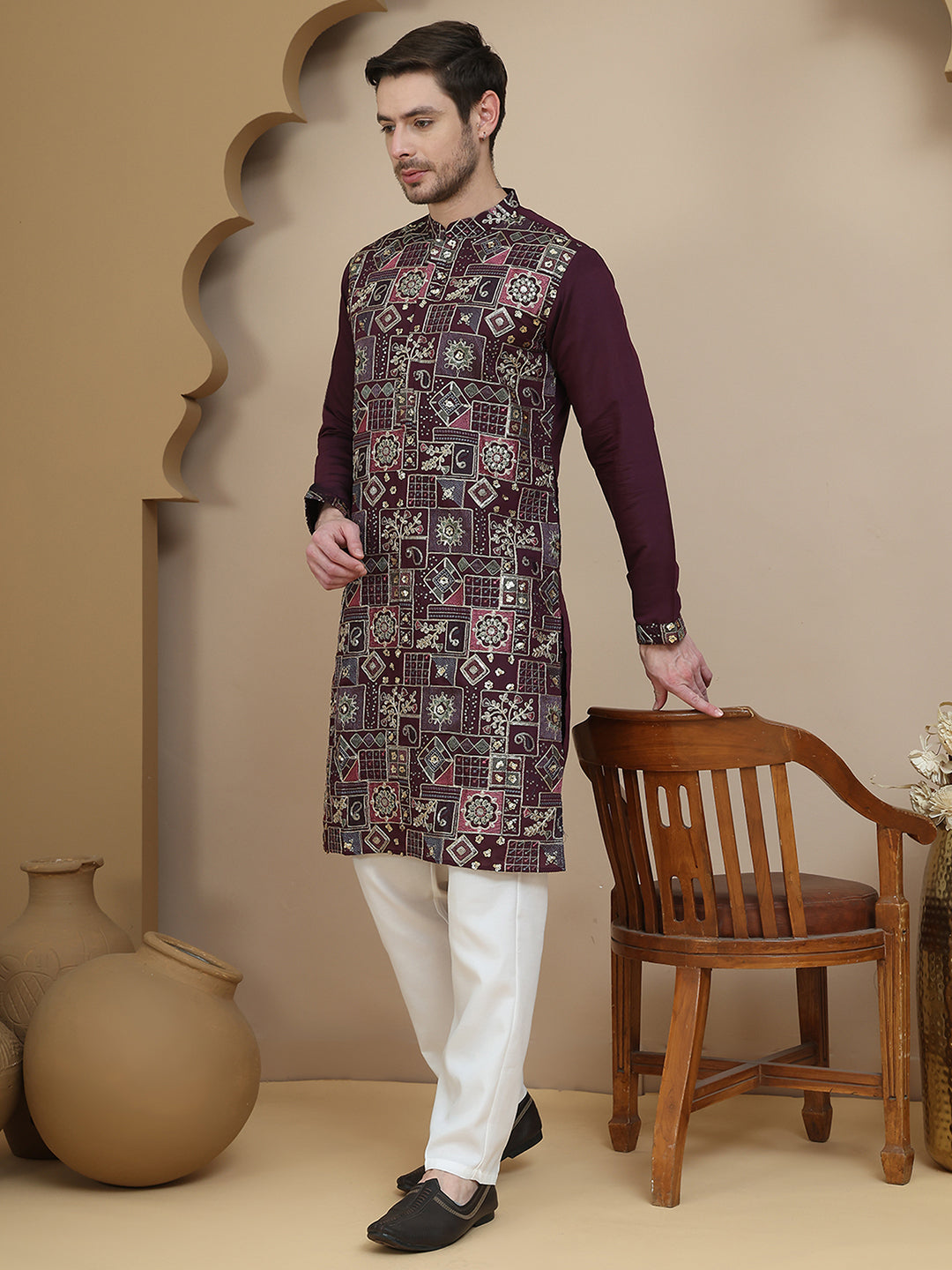 Embroidered Straight Kurta Set For Men ( JOKP P 5174 Purple )