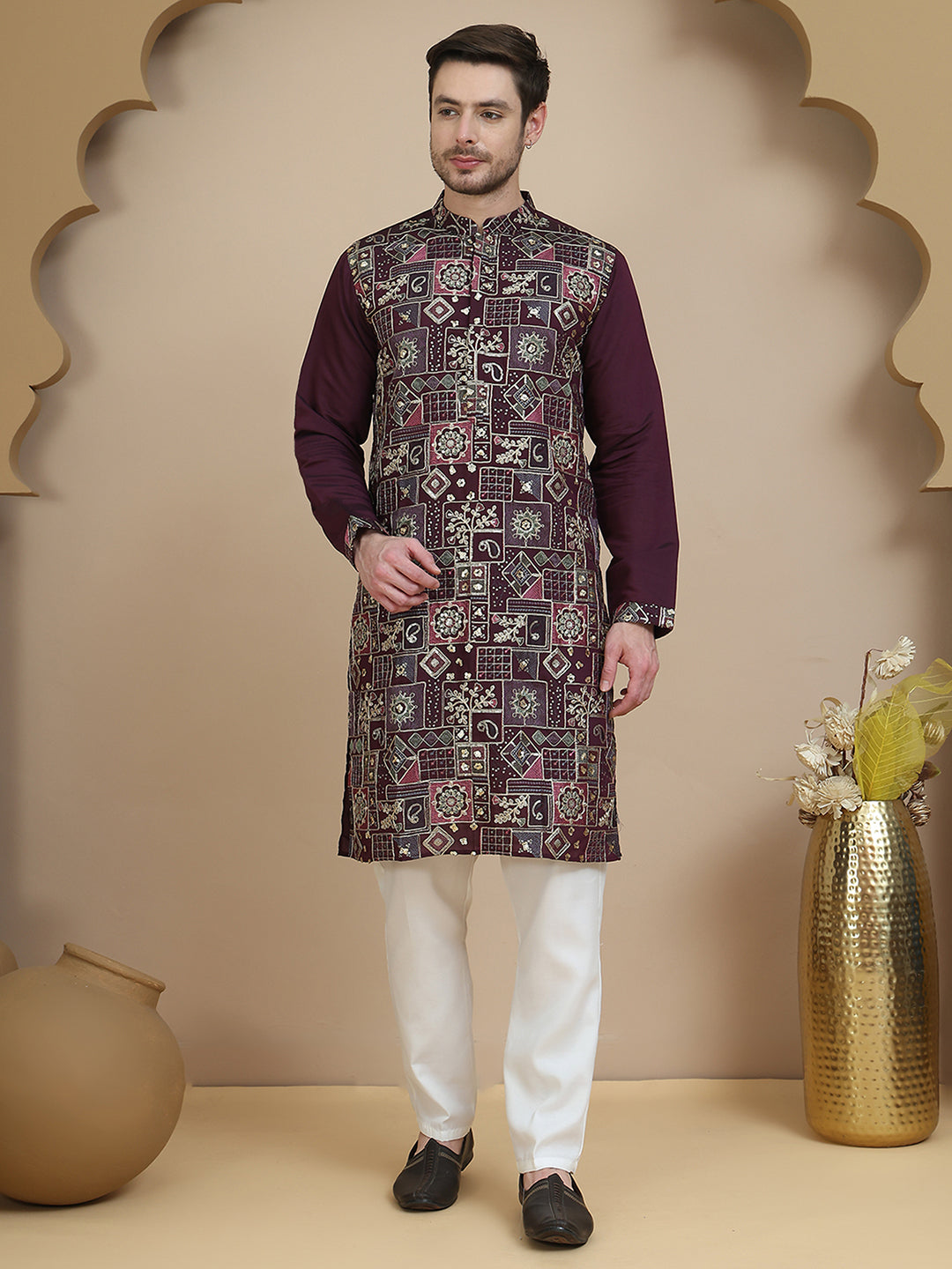 Embroidered Straight Kurta Set For Men ( JOKP P 5174 Purple )