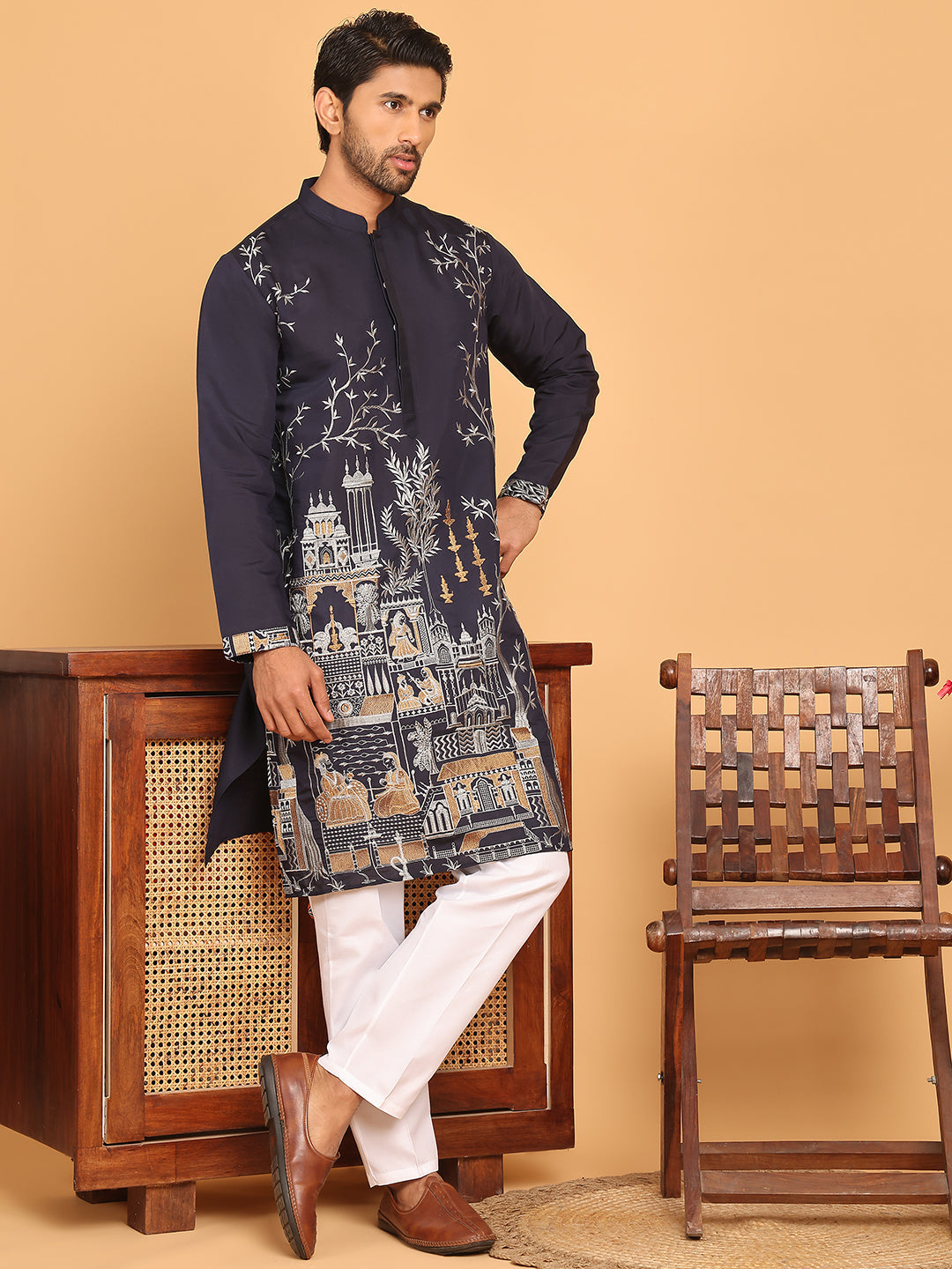 Navy Blue Embroidered Straight Kurta Set For Men ( JOKP P 5176 Navy )
