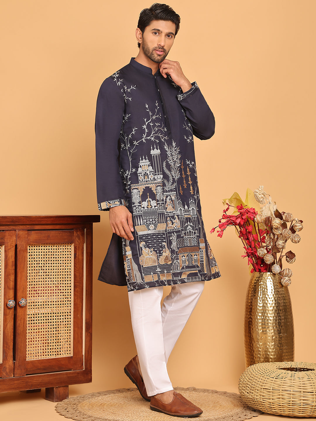 Navy Blue Embroidered Straight Kurta Set For Men ( JOKP P 5176 Navy )