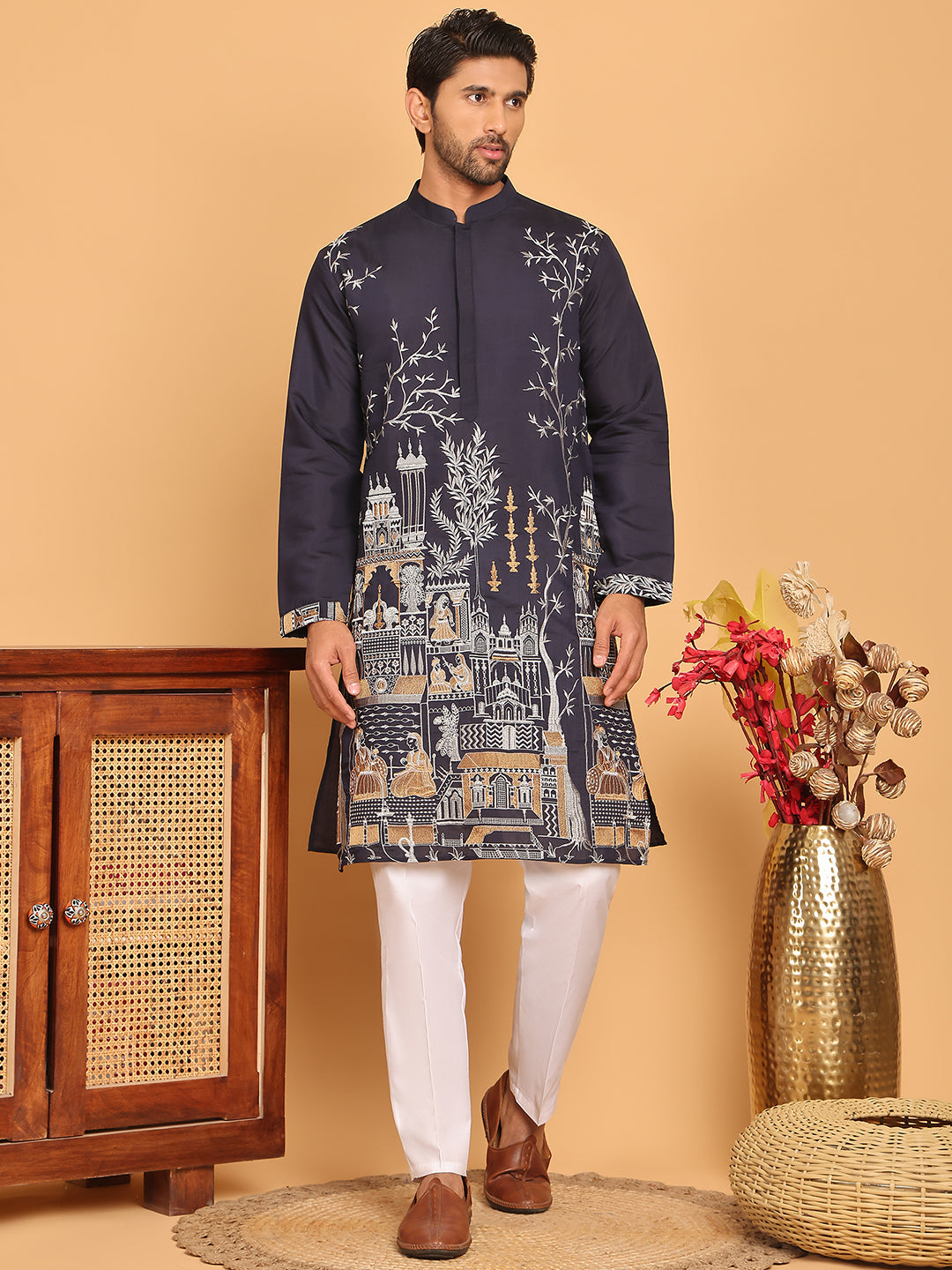 Navy Blue Embroidered Straight Kurta Set For Men ( JOKP P 5176 Navy )