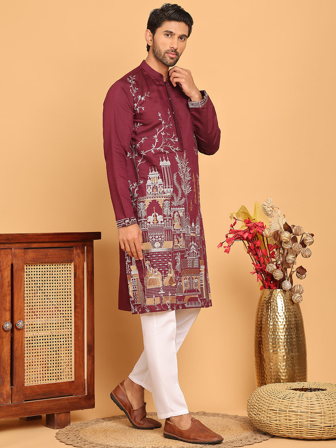 Purple Embroidered Straight Kurta Set For Men ( JOKP P 5176 Purple )