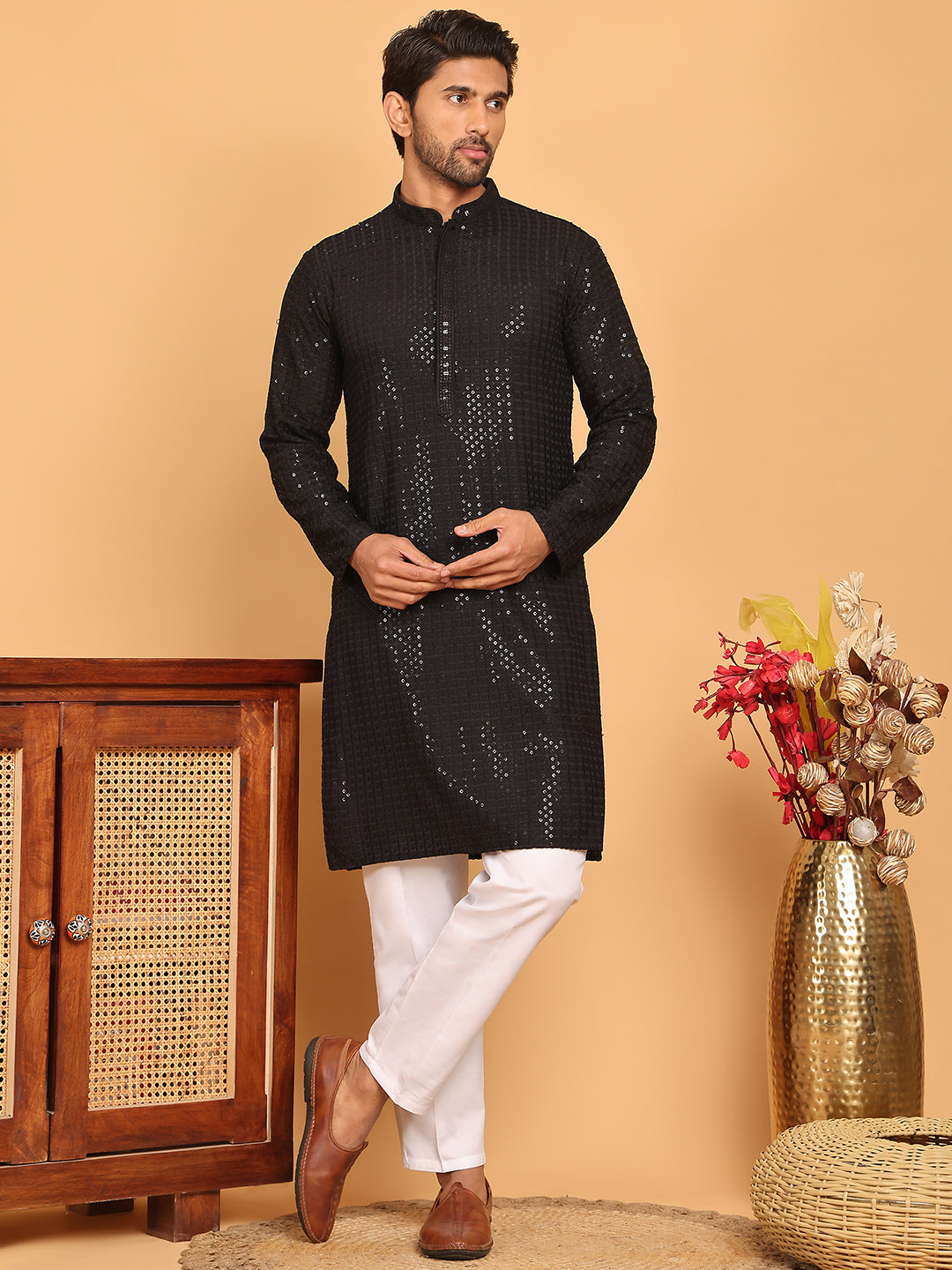 Embroidered & Sequence Kurta Pyjama for Men ( JOKP P 5177 Black )