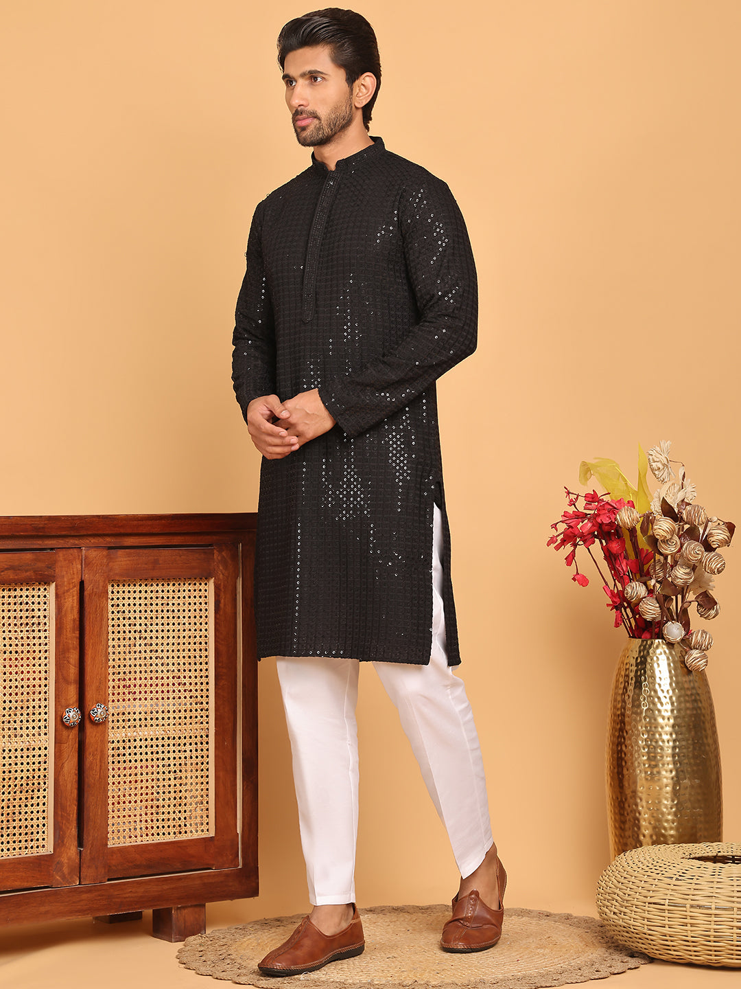 Embroidered & Sequence Kurta Pyjama for Men ( JOKP P 5177 Black )