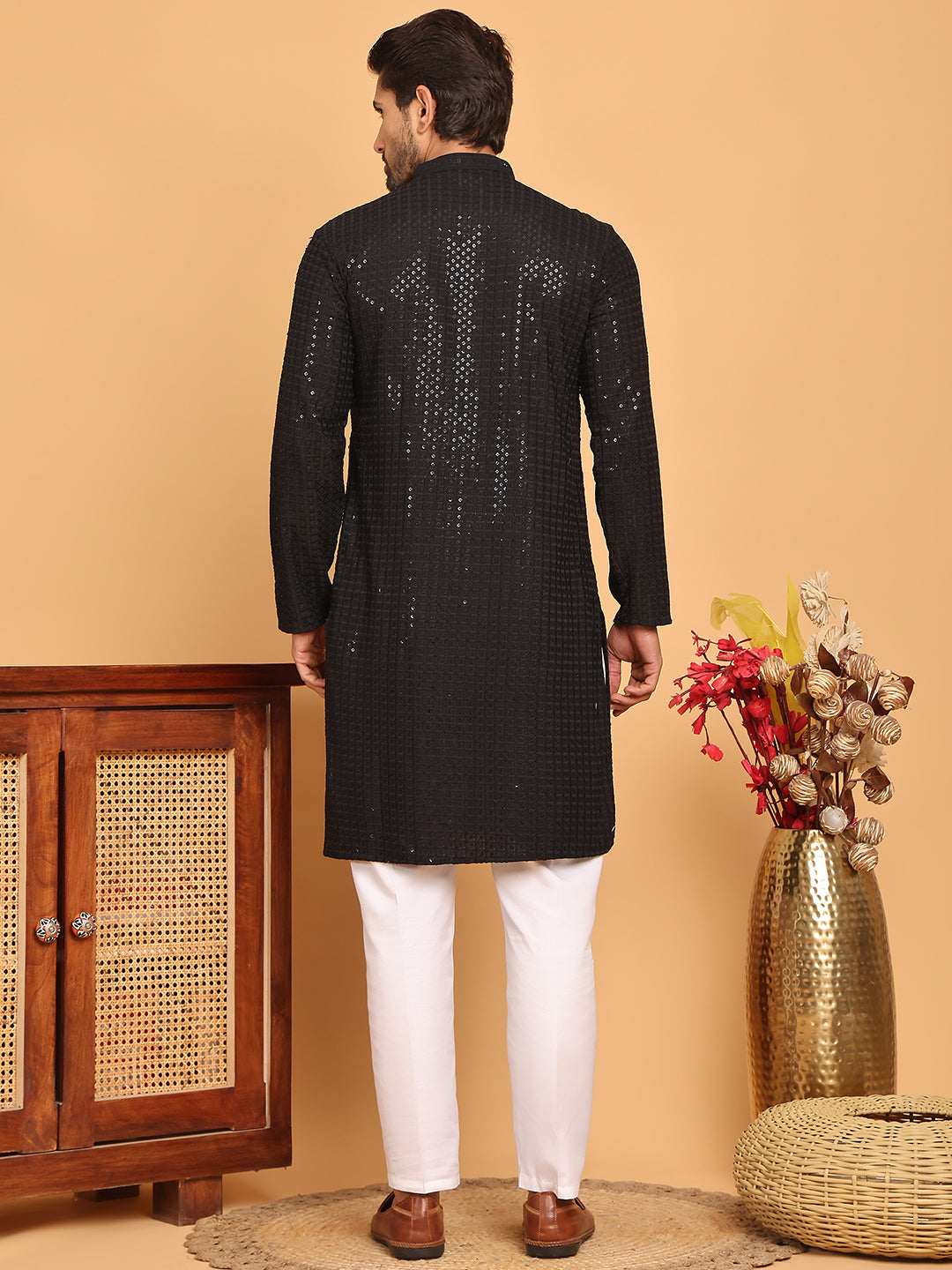 Embroidered & Sequence Kurta Pyjama for Men ( JOKP P 5177 Black )