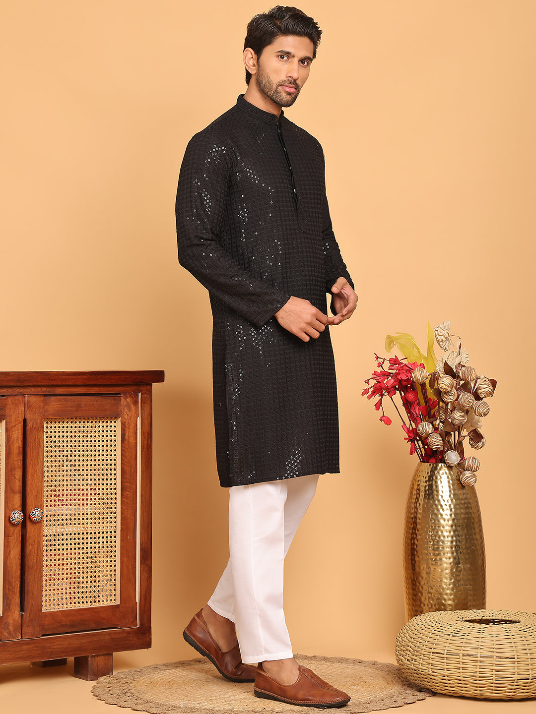 Embroidered & Sequence Kurta Pyjama for Men ( JOKP P 5177 Black )