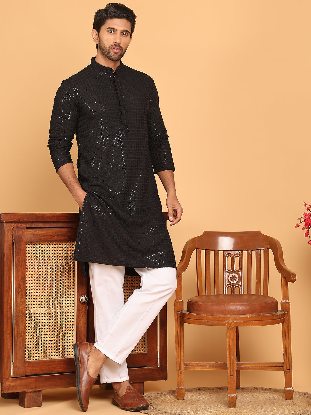 Embroidered & Sequence Kurta Pyjama for Men ( JOKP P 5177 Black )