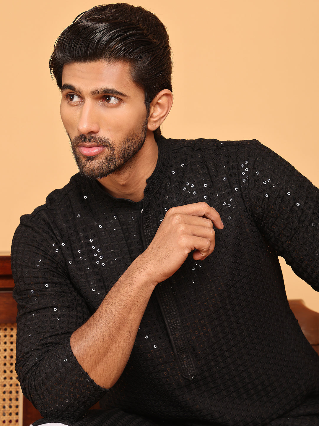 Embroidered & Sequence Kurta Pyjama for Men ( JOKP P 5177 Black )