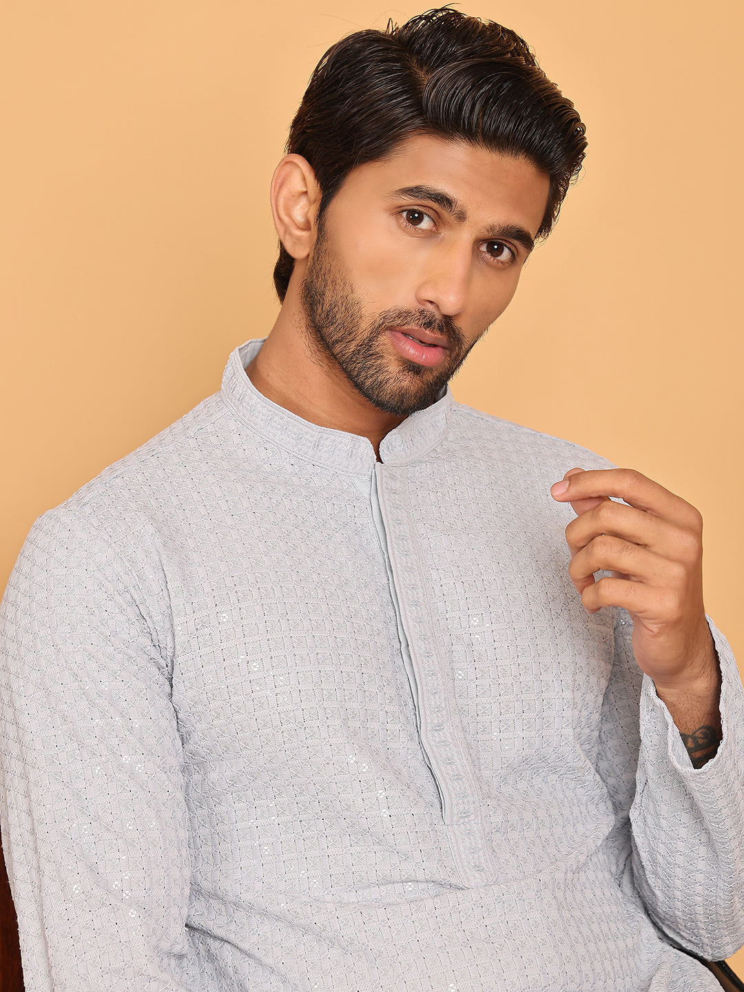 Embroidered & Sequence Kurta Pyjama for Men ( JOKP P 5177 Grey )