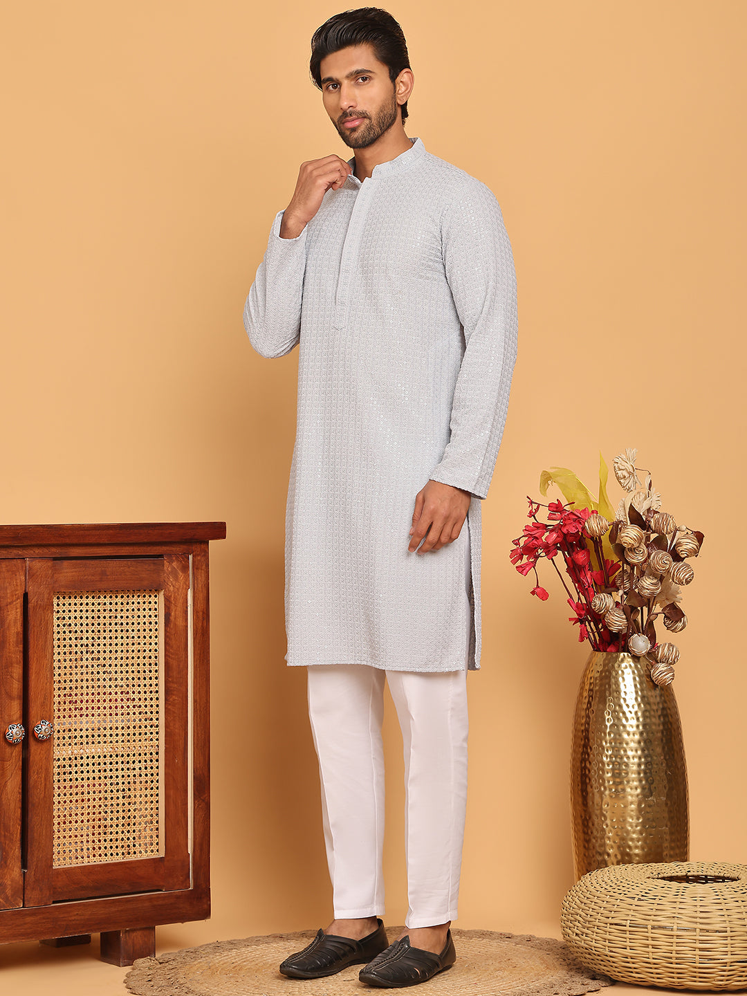 Embroidered & Sequence Kurta Pyjama for Men ( JOKP P 5177 Grey )