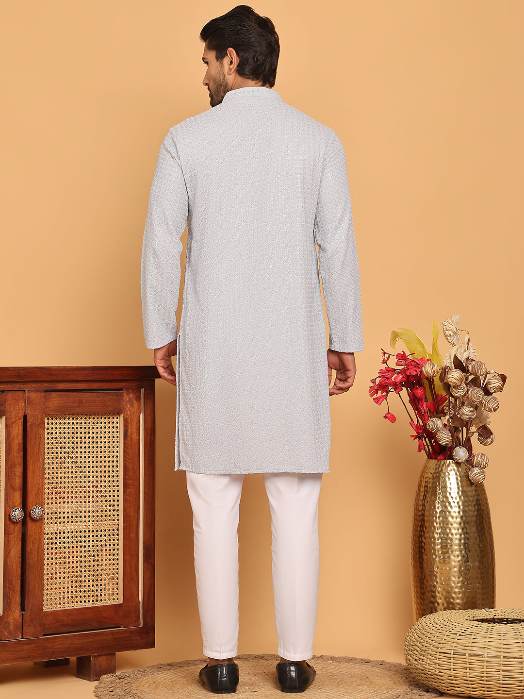 Embroidered & Sequence Kurta Pyjama for Men ( JOKP P 5177 Grey )