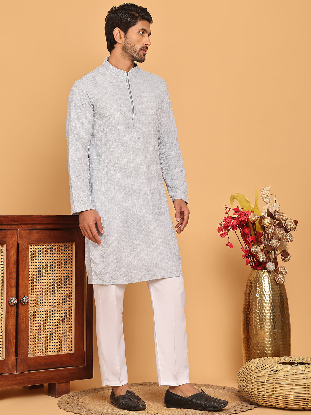 Embroidered & Sequence Kurta Pyjama for Men ( JOKP P 5177 Grey )