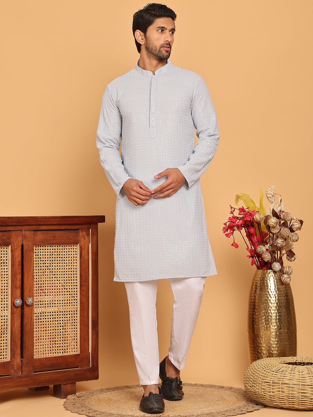 Embroidered & Sequence Kurta Pyjama for Men ( JOKP P 5177 Grey )
