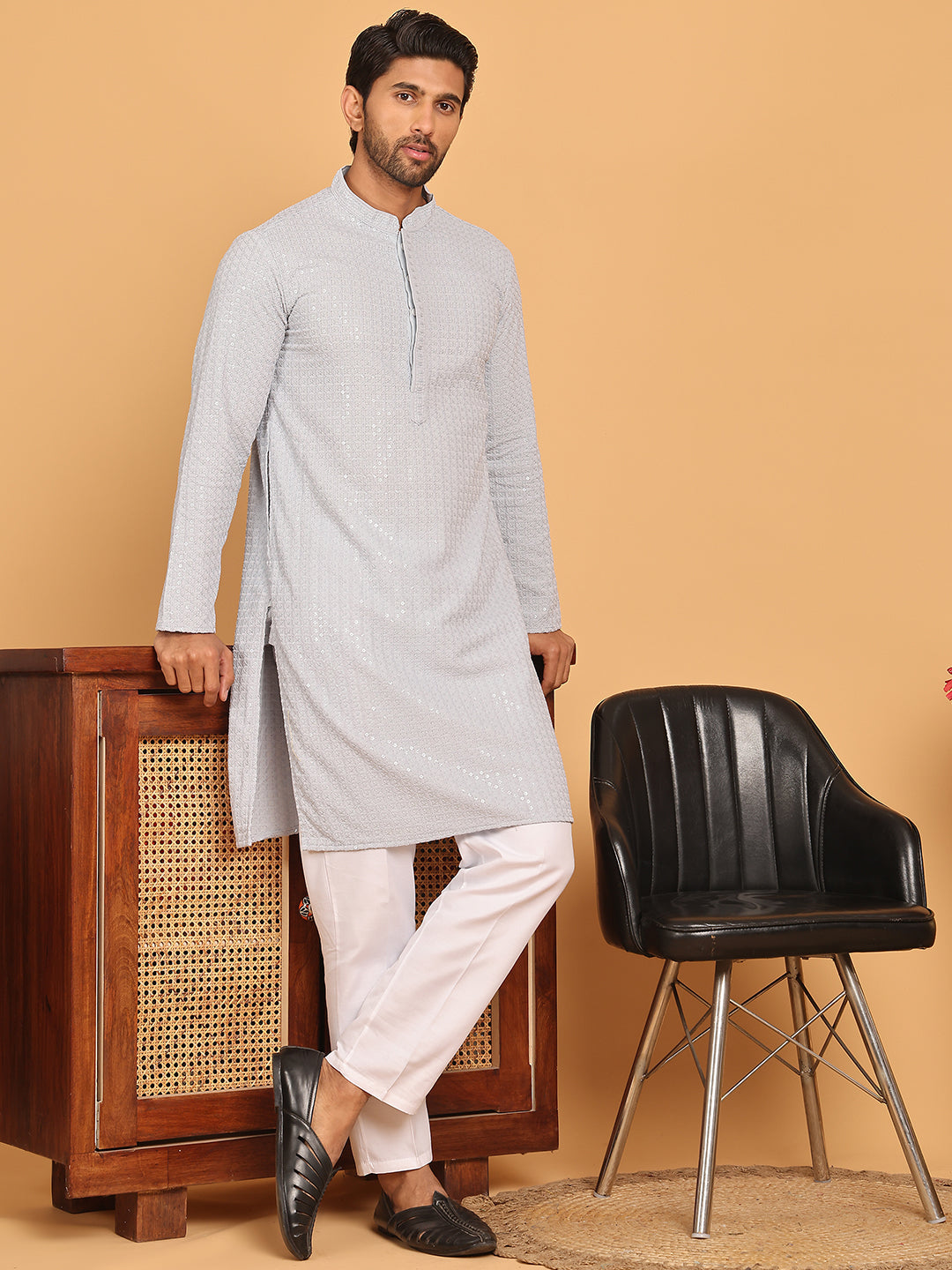Embroidered & Sequence Kurta Pyjama for Men ( JOKP P 5177 Grey )