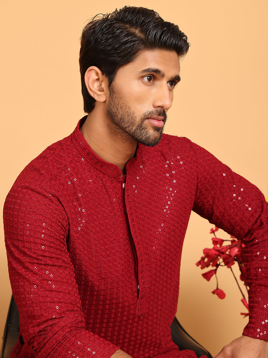 Embroidered & Sequence Kurta Pyjama for Men ( JOKP P 5177 Maroon )