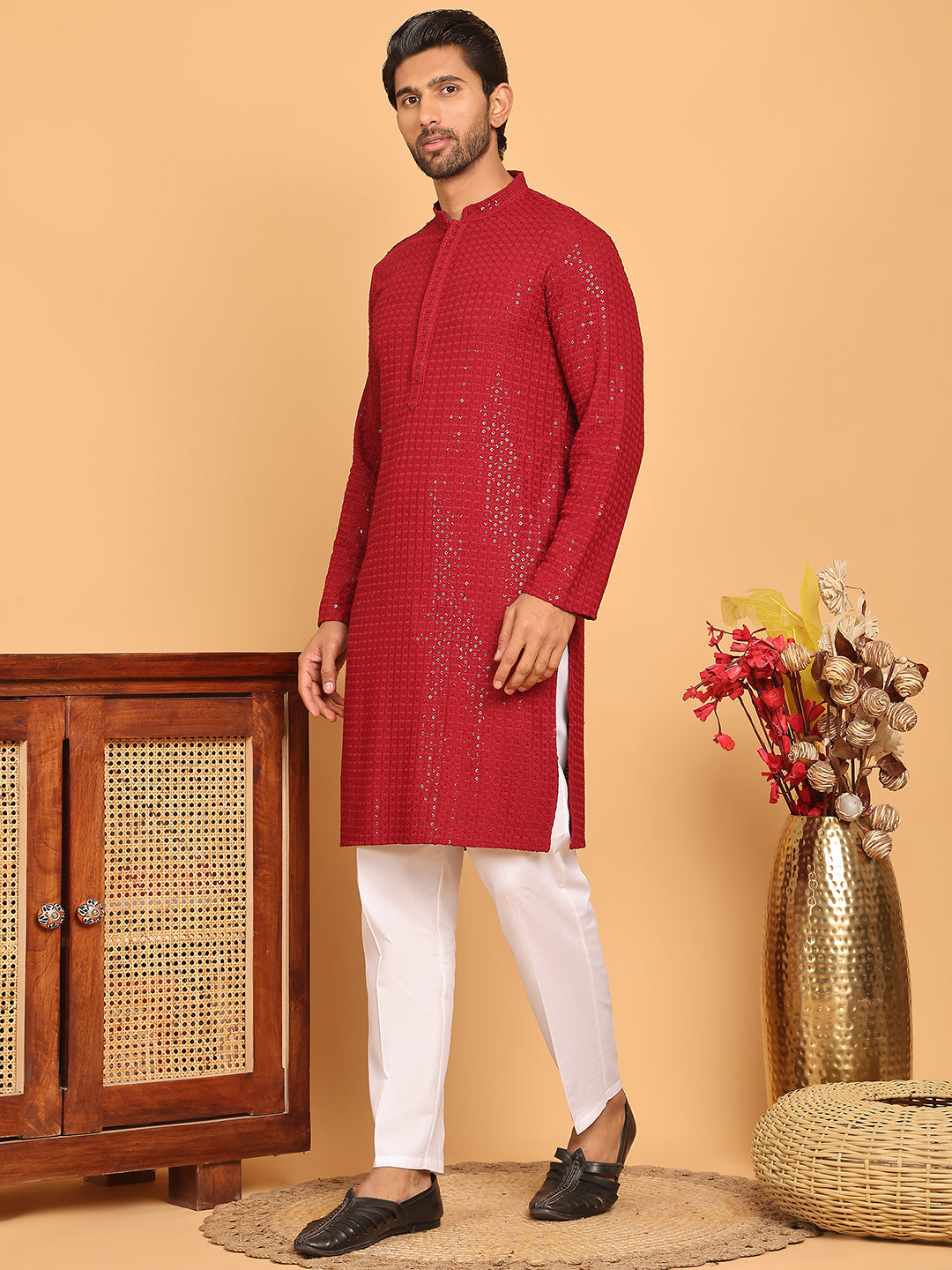 Embroidered & Sequence Kurta Pyjama for Men ( JOKP P 5177 Maroon )